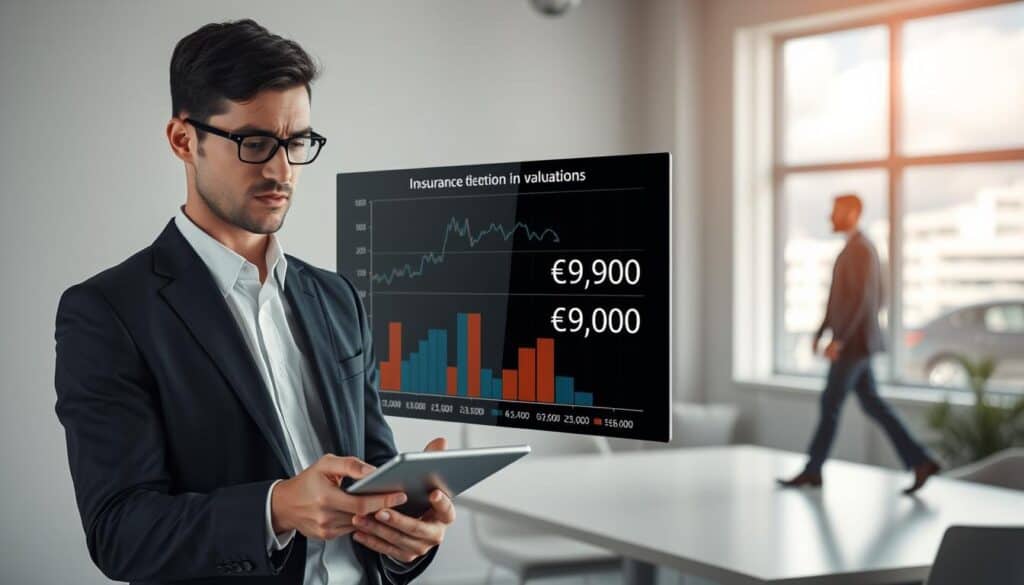A split-screen image depicting potential valuation problems in insurance. On the left, a professional businessperson in a smart suit, analyzing a graph with fluctuating numbers on a tablet, looking perplexed. In the middle, charts and figures illustrating a sizeable gap between insurance evaluations, with a focus on the contrasting amounts of €4,700 and €9,900. On the right, a bright office setting with a large window showing a cloudy sky, symbolizing uncertainty. Soft, diffuse lighting creates a contemplative atmosphere, while a shallow depth of field emphasizes the figures and expressions. The overall mood is one of contemplation and concern about discrepancies in valuation.