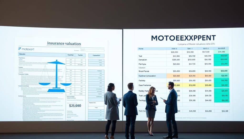 A split-screen image illustrating a comparison of insurance valuations. On the left, a detailed representation of a standard insurance valuation document, characterized by clean lines, a modern font, and professional colors like blue and gray. This section features a vivid balance scale to symbolize the evaluation process. On the right, a more dynamic presentation of a MOTOEXPERT valuation, showcasing more vibrant colors like green and orange, with highlighted key figures prominently displayed. The background consists of a subtle gradient, transitioning from light at the top to darker at the bottom, creating depth. Incorporate professional business people in the foreground, engaging in a discussion about the valuations, dressed in business attire. Soft, diffused lighting enhances the professionalism of the scene, while keeping the mood informative and engaging.