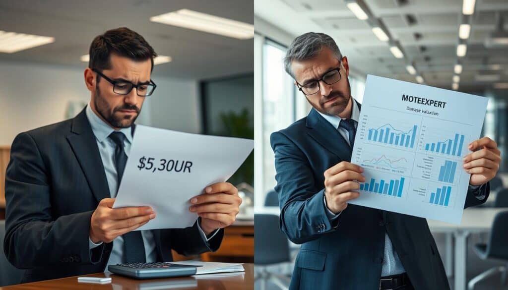 A split-screen image illustrating the contrast in damage valuation claims. On the left, a professional insurance agent in a smart suit reviews a document labeled "5,300 EUR" with a concerned expression, surrounded by papers and a calculator. The background shows an office setting with soft overhead lighting. On the right, an expert from MOTOEXPERT in business casual attire evaluates a larger document marked "12,000 EUR," with charts and graphs visually representing complex calculations. This expert displays an assertive demeanor, with subtle confidence. The background transitions into a modern workspace, emphasizing sophistication and professionalism. The overall mood is serious and informative, with natural lighting enhancing the clarity of the documents held by both professionals.