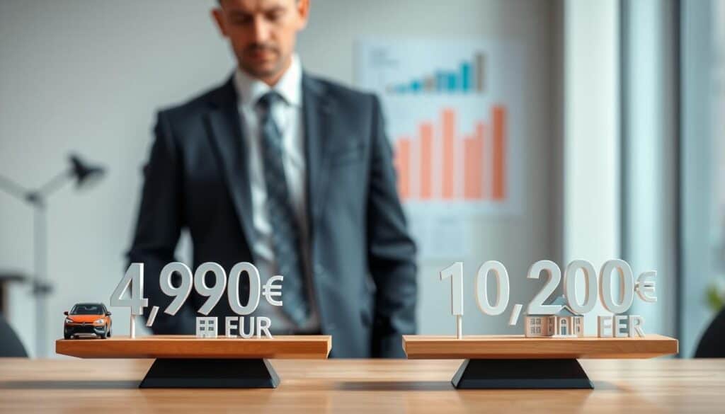 A visually engaging comparison of two distinct amounts, 4,900 EUR and 10,200 EUR, illustrated through two side-by-side scales or balance beams in a modern office setting. In the foreground, the left scale represents 4,900 EUR with visually appealing icons, like a small car or a house, to symbolize lower value items. The right scale stands for 10,200 EUR, featuring larger icons such as a luxury vehicle or an elaborate home to indicate higher value. In the middle ground, a professional business person in smart attire observes the scales, reflecting the atmosphere of finance or investment analysis. The background consists of a well-lit, slightly blurred contemporary office interior, with subtle details like charts or graphs on a wall to enhance the financial theme. Soft, natural lighting creates a serious yet inviting mood, with a balanced composition.
