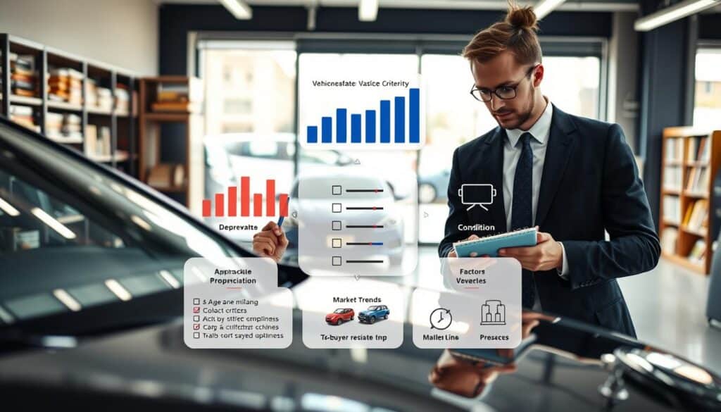 A visually engaging representation of the factors influencing vehicle valuation. In the foreground, a professional male and female appraiser in business attire closely examining a car, using a tablet and a notepad filled with notes. The middle layer features a variety of visual elements such as bar graphs illustrating depreciation, a checklist of vehicle criteria (age, mileage, condition), and icons representing market trends and buyer preferences. The background includes a well-lit office environment with shelves of automotive books and a large window showing a busy street outside. Natural light filters through, creating a bright and focused atmosphere. The overall mood should convey professionalism, analytical thinking, and attention to detail.