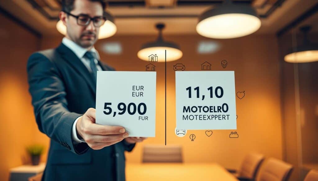 A visually striking comparison chart depicting two price tags: 5,900 EUR for one insurance quote and 11,800 EUR for MOTOEXPERT. In the foreground, a professional businessperson in a smart suit is examining the quotes with a thoughtful expression. In the middle ground, the contrasting price tags are prominently displayed on sleek, modern cards, surrounded by subtle graphics representing insurance elements like houses, cars, and health symbols. The background features an office setting with warm, ambient lighting that creates a serious yet engaging atmosphere, ideal for conveying financial analysis. The angle is slightly above eye-level, giving an overview of the scene while focusing on the juxtaposition of the different valuations. Ensure a polished and professional look without any text or overlay distractions.