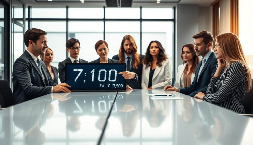 A visually striking office scene showcasing a diverse group of professional clients gathered around a sleek conference table, engaged in a discussion about insurance valuations. In the foreground, a well-dressed woman points to a digital display with contrasting figures: €7,100 on one side and €13,500 on the other, symbolizing the influence of price on decision-making. The middle ground features a mix of expressions—curiosity, concern, and contemplation—as they weigh their options. The background displays a modern office with large windows letting in soft, natural light, casting a warm glow. Capture this moment with a slight tilt-angle perspective, emphasizing the importance of the financial discussion, while maintaining an atmosphere of professionalism and intrigue.