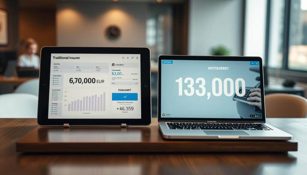 A vivid comparison between two car insurance evaluations showcased on a sleek wooden table. On one side, a digital tablet displays a detailed report from a traditional insurer with a figure of 6,100 EUR, featuring clear, professional graphs and charts. On the other side, a laptop presents a contrasting evaluation from MOTOEXPERT with a bold figure of 13,200 EUR, adorned with modern visuals. The setting is well-lit, with soft, warm lighting emphasizing the professionalism of the atmosphere. In the background, a blurred office environment enhances the corporate feel, using a shallow depth of field to keep focus on the evaluations. The mood conveys a sense of analytical contrast and financial scrutiny, symbolizing the fundamental differences between the two evaluations.