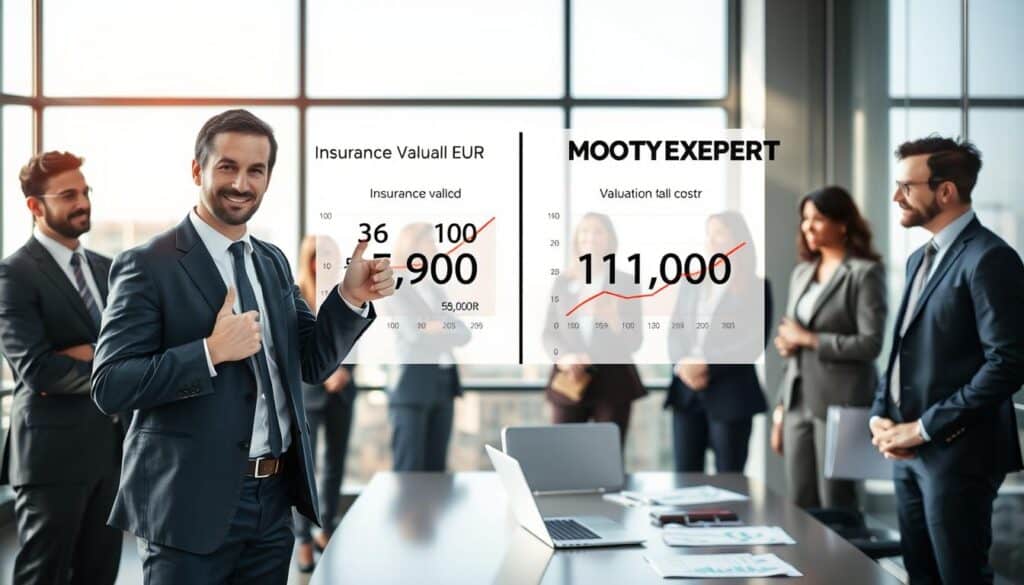 An informative comparison scene featuring two distinct side-by-side charts: one representing an insurance valuation of 5,900 EUR and the other representing MOTOEXPERT's valuation of 11,800 EUR. In the foreground, a confident business professional in a tailored suit points at the higher valuation chart, engaging a diverse group of colleagues in business attire, illustrating the importance of understanding cost differences. The middle ground showcases a modern office environment with a large window letting in natural light, casting soft shadows. The background features a sleek desk with a laptop and financial documents, enhancing the professional atmosphere. The mood should be focused and analytical, emphasizing clarity and insight in financial assessments, with a warm yet corporate color palette.