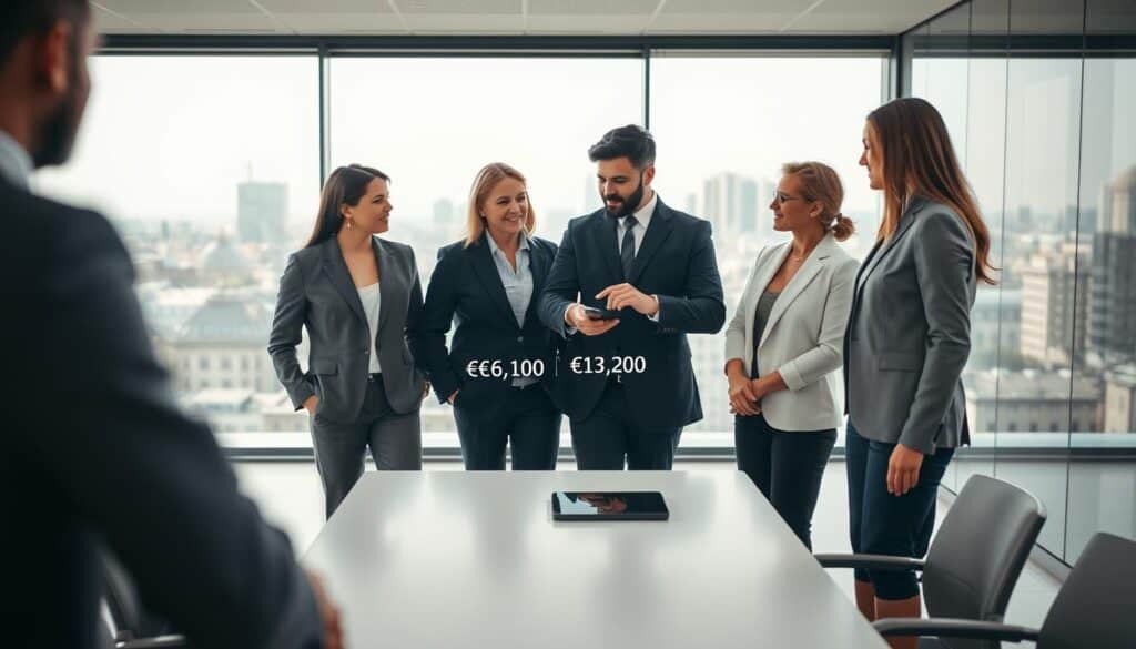 A balanced composition illustrating the impact of pricing on consumer decisions. In the foreground, a diverse group of professionally dressed individuals—two men and two women—are discussing options, with one person pointing at a digital tablet displaying contrasting price points of €6,100 and €13,200 in bold graphics. In the middle ground, a sleek, modern office environment with soft, natural lighting emphasizes a sense of professionalism and contemplation. The background features a large window revealing a city skyline, symbolizing the broader economic context. The mood is focused and analytical, with an emphasis on critical thinking and decision-making. Utilize a warm color palette to evoke a sense of trust and clarity in the scene.