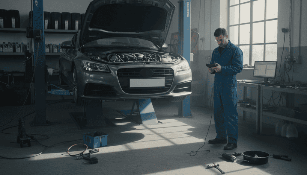 A car in a workshop setting, with a mechanic examining it intently. The foreground features the mechanic wearing a blue jumpsuit and safety glasses, holding a diagnostic tool, showing concern. In the middle, the car is lifted on a hydraulic platform, with the hood open to reveal a complex engine layout. Tools and machinery are scattered around, emphasizing the technical environment. The background includes shelves filled with spare parts and a large window allowing natural light to flood the scene, creating a realistic atmosphere. The overall mood is one of tension and seriousness, illustrating the potential consequences of an inaccurate vehicle assessment, with shadows subtly hinting at uncertainties and risks associated with faulty evaluations. A car in a workshop setting, with a mechanic examining it intently. The foreground features the mechanic wearing a blue jumpsuit and safety glasses, holding a diagnostic tool, showing concern. In the middle, the car is lifted on a hydraulic platform, with the hood open to reveal a complex engine layout. Tools and machinery are scattered around, emphasizing the technical environment. The background includes shelves filled with spare parts and a large window allowing natural light to flood the scene, creating a realistic atmosphere. The overall mood is one of tension and seriousness, illustrating the potential consequences of an inaccurate vehicle assessment, with shadows subtly hinting at uncertainties and risks associated with faulty evaluations.