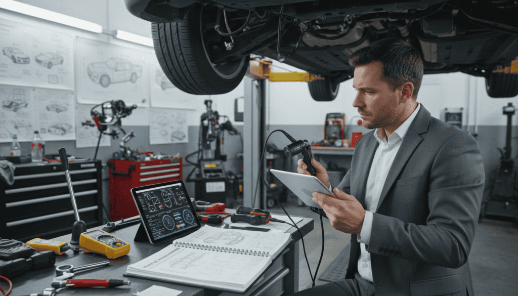 A close-up scene of a technical vehicle analysis being conducted in a well-lit workshop. In the foreground, a professional in business attire examines a car's undercarriage using specialized equipment, showcasing focus and diligence. In the middle, various tools and a detailed vehicle analysis report are scattered on a workbench, highlighting the theme of technical expertise and investigation. The background features automotive repair equipment and blueprints of vehicles, creating an atmosphere of professionalism and seriousness. The lighting is bright and focused, emphasizing the details of the analysis process, with a slight depth of field to draw attention to the subject. The overall mood is analytical and meticulous, highlighting the importance of thorough examination in securing fair compensation after an accident. A close-up scene of a technical vehicle analysis being conducted in a well-lit workshop. In the foreground, a professional in business attire examines a car's undercarriage using specialized equipment, showcasing focus and diligence. In the middle, various tools and a detailed vehicle analysis report are scattered on a workbench, highlighting the theme of technical expertise and investigation. The background features automotive repair equipment and blueprints of vehicles, creating an atmosphere of professionalism and seriousness. The lighting is bright and focused, emphasizing the details of the analysis process, with a slight depth of field to draw attention to the subject. The overall mood is analytical and meticulous, highlighting the importance of thorough examination in securing fair compensation after an accident.