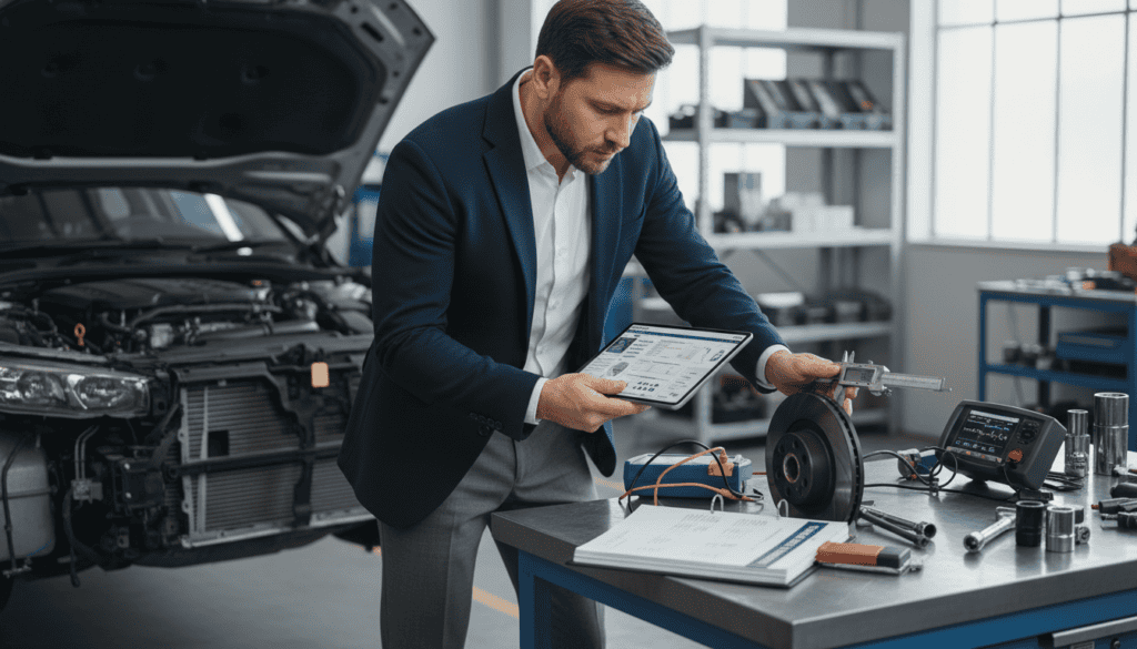 A close-up view of a professional examining a vehicle in an automotive workshop, with a focus on a detailed inspection report and technical tools like a digital caliper and diagnostic device spread out in front. The foreground features the inspector in a smart business attire, concentrating on specific vehicle components. In the middle ground, a partially disassembled vehicle shows engine parts and various technical specifications highlighted. The background captures a well-lit workshop environment, with shelves filled with automotive manuals and equipment, emitting a vibe of professionalism and seriousness. Soft, natural lighting enhances the technical atmosphere, while a slight depth of field blurs the workshop’s edges to emphasize the inspection process, conveying a sense of thoroughness and accuracy in vehicle assessments. A close-up view of a professional examining a vehicle in an automotive workshop, with a focus on a detailed inspection report and technical tools like a digital caliper and diagnostic device spread out in front. The foreground features the inspector in a smart business attire, concentrating on specific vehicle components. In the middle ground, a partially disassembled vehicle shows engine parts and various technical specifications highlighted. The background captures a well-lit workshop environment, with shelves filled with automotive manuals and equipment, emitting a vibe of professionalism and seriousness. Soft, natural lighting enhances the technical atmosphere, while a slight depth of field blurs the workshop’s edges to emphasize the inspection process, conveying a sense of thoroughness and accuracy in vehicle assessments.