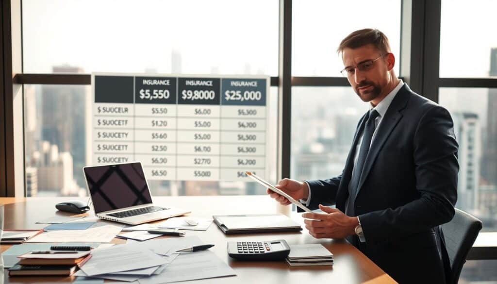 A confident insurance adjuster in a sleek office environment, standing by a large window that offers a panoramic city view. In the foreground, a detailed desk is cluttered with documents, a calculator, and a laptop showing comparative insurance quotes. The adjuster, dressed in a professional suit, is analyzing the numbers intently. The middle ground features a large wall chart displaying different insurance valuations, with '5,555 EUR' and '9,800 EUR' highlighted prominently. The background is softly blurred with city skyscrapers, creating a dynamic but professional atmosphere. Soft, natural lighting filters through the window, casting gentle shadows and enhancing the serious mood of financial assessment and decision-making. The image reflects a moment of professional evaluation and contemplation in the insurance field.