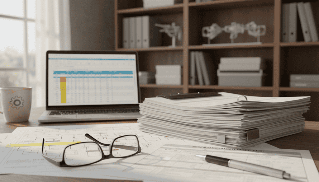 A desk cluttered with essential documents needed for a technical assessment, featuring a stack of neatly organized papers, technical drawings, and a few highlighted sections. In the foreground, a pair of reading glasses lies on top of a document, and a pen rests beside a printed form, suggesting a professional environment. The middle ground includes a laptop open to a spreadsheet, and a coffee cup beside it adds a personal touch. In the background, a softly lit bookshelf holds reference materials. Natural light streams in from a nearby window, casting gentle shadows and creating an inviting atmosphere. The overall mood is focused and professional, ideal for conveying the importance of documentation in technical evaluations.