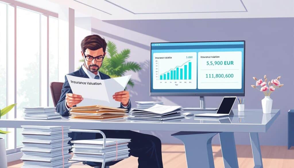 A detailed and visually engaging illustration depicting a financial evaluation setting. In the foreground, a professional insurance analyst is seated at a sleek modern desk, reviewing a document titled "Insurance Valuation 5,900 EUR" with focused concentration. The analyst, dressed in smart business attire, is surrounded by stacks of paperwork and digital devices, symbolizing financial assessment. The middle ground features a computer screen with graphs and comparative analysis between two values, 5,900 EUR and 11,800 EUR, signifying the insurance valuation process. The background showcases a bright, airy office space with large windows, letting in soft natural light that casts gentle shadows, enhancing the professional atmosphere. The mood is one of deliberation and critical analysis, inviting viewers to consider the complexities and potential drawbacks of insurance evaluations. A detailed and visually engaging illustration depicting a financial evaluation setting. In the foreground, a professional insurance analyst is seated at a sleek modern desk, reviewing a document titled "Insurance Valuation 5,900 EUR" with focused concentration. The analyst, dressed in smart business attire, is surrounded by stacks of paperwork and digital devices, symbolizing financial assessment. The middle ground features a computer screen with graphs and comparative analysis between two values, 5,900 EUR and 11,800 EUR, signifying the insurance valuation process. The background showcases a bright, airy office space with large windows, letting in soft natural light that casts gentle shadows, enhancing the professional atmosphere. The mood is one of deliberation and critical analysis, inviting viewers to consider the complexities and potential drawbacks of insurance evaluations.