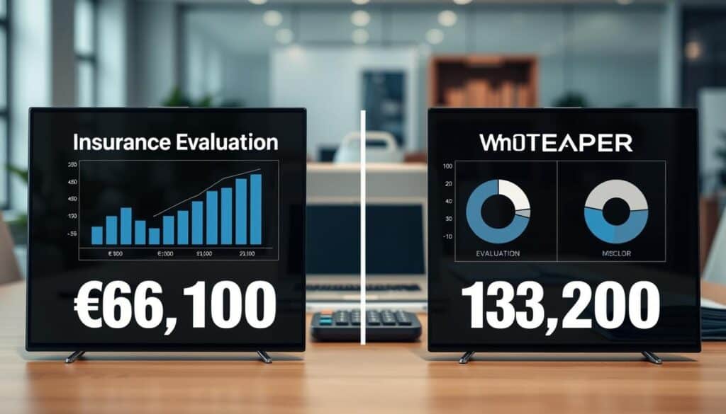A detailed comparison graphic showcasing two insurance evaluations, with one side representing "Insurance Evaluation: €6,100" and the other side "MOTOEXPERT Evaluation: €13,200". The foreground features a split-screen layout with professional business charts, including bar graphs and pie charts illustrating the differing values. In the middle ground, a neatly arranged desk with a laptop, documents, and a calculator reflects a professional environment. The background is softly blurred, showing an office setting with neutral tones and soft lighting to create an inviting atmosphere. The overall mood is analytical and informative, suggesting careful consideration of financial decisions. The image should maintain a clean and polished appearance, without any text or additional elements, ensuring clarity and focus on the comparison theme.