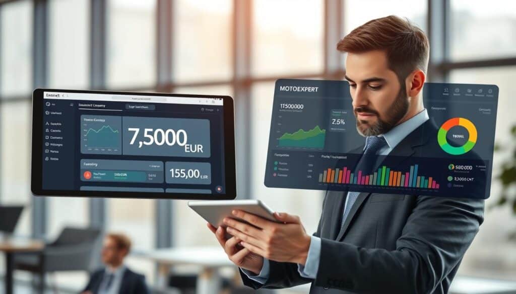 A detailed comparison scene displaying the valuation approaches of two insurance entities: on the left, a sleek digital interface of an insurance company, showcasing a value of 7,500 EUR prominently, with modern graphics and smooth lines. On the right, an equally sophisticated digital dashboard of MOTOEXPERT, presenting a value of 15,000 EUR, highlighted with vibrant colors and dynamic charts. In the foreground, a professional in business attire analyzes differences on a tablet, with thoughtful expression. The background features a soft-focus office environment with large windows letting in natural light, creating a calm and analytical atmosphere. Capture this with a slightly elevated angle for depth and clarity, emphasizing the contrast between both valuations. A detailed comparison scene displaying the valuation approaches of two insurance entities: on the left, a sleek digital interface of an insurance company, showcasing a value of 7,500 EUR prominently, with modern graphics and smooth lines. On the right, an equally sophisticated digital dashboard of MOTOEXPERT, presenting a value of 15,000 EUR, highlighted with vibrant colors and dynamic charts. In the foreground, a professional in business attire analyzes differences on a tablet, with thoughtful expression. The background features a soft-focus office environment with large windows letting in natural light, creating a calm and analytical atmosphere. Capture this with a slightly elevated angle for depth and clarity, emphasizing the contrast between both valuations.