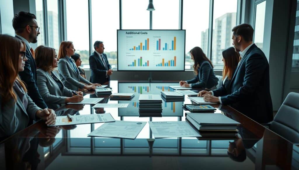 A detailed illustration of "additional costs associated with valuation" in a professional setting. In the foreground, include a diverse group of business professionals, dressed in smart business attire, discussing documents and calculations on a polished conference table. The middle ground features charts and graphs displayed on a large screen, illustrating the differences in costs associated with valuations. The background shows a modern office environment with large windows, allowing natural light to illuminate the scene. The atmosphere conveys a sense of urgency and determination, with a slightly blurred background to emphasize the focused interaction among the professionals. Use soft lighting to create a professional yet approachable mood, with a wide-angle view to capture the entire setting. A detailed illustration of "additional costs associated with valuation" in a professional setting. In the foreground, include a diverse group of business professionals, dressed in smart business attire, discussing documents and calculations on a polished conference table. The middle ground features charts and graphs displayed on a large screen, illustrating the differences in costs associated with valuations. The background shows a modern office environment with large windows, allowing natural light to illuminate the scene. The atmosphere conveys a sense of urgency and determination, with a slightly blurred background to emphasize the focused interaction among the professionals. Use soft lighting to create a professional yet approachable mood, with a wide-angle view to capture the entire setting.