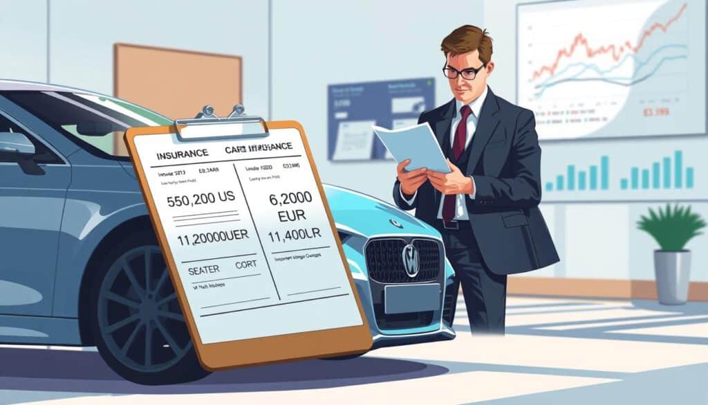 A detailed illustration showcasing the concept of car insurance (ubezpieczenie autocasco). In the foreground, feature a stylish car parked beside a clipboard detailing comparative insurance quotes, one for 6,200 EUR and another for 11,400 EUR, emphasizing the contrast. In the middle ground, include a professional-looking insurance agent in business attire, examining the quotes thoughtfully, with a slight frown, suggesting analysis and contemplation. The background should depict a bright office environment with charts and graphs on an adjacent wall showing fluctuating insurance prices. Use soft, natural lighting to create a calm atmosphere while directing focus to the central figures. Capture this scene from a slightly elevated angle, accentuating the professionalism and seriousness of the insurance evaluation process.