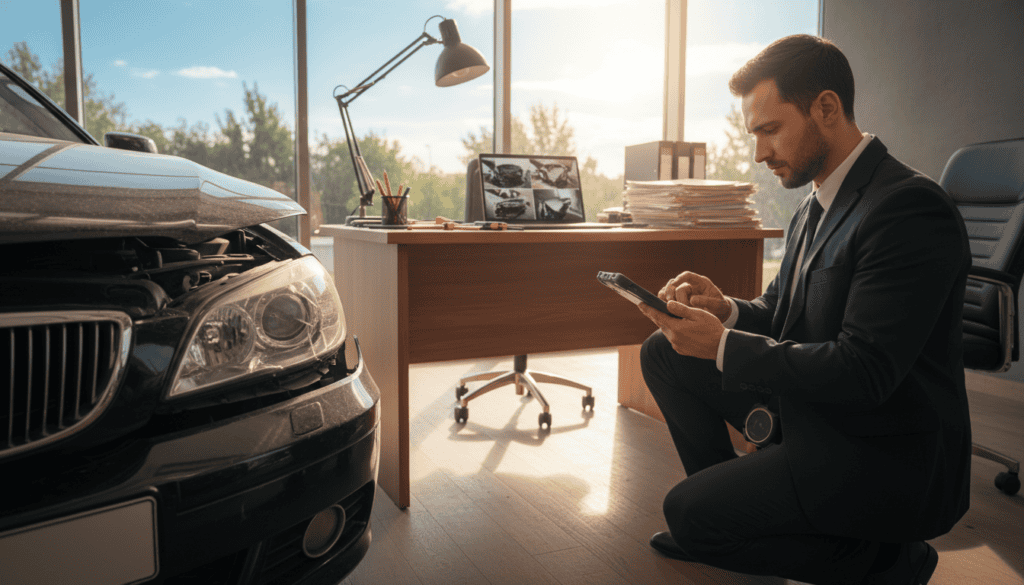 A detailed office environment where an insurance adjuster is conducting a vehicle assessment after an accident. In the foreground, focus on a professional-looking man in business attire, examining a car with visible damage, using a tablet to input data. The middle ground features a desk cluttered with files, a laptop open to images of the damaged vehicle, and tools for assessment. The background includes a window showing a sunny day, casting warm light onto the scene, enhancing the serious yet professional atmosphere. The image conveys diligence and expertise, reflecting the theme of insurance evaluation. The lens should be set to a slightly wide angle to capture the entire scene, providing clarity and depth. A detailed office environment where an insurance adjuster is conducting a vehicle assessment after an accident. In the foreground, focus on a professional-looking man in business attire, examining a car with visible damage, using a tablet to input data. The middle ground features a desk cluttered with files, a laptop open to images of the damaged vehicle, and tools for assessment. The background includes a window showing a sunny day, casting warm light onto the scene, enhancing the serious yet professional atmosphere. The image conveys diligence and expertise, reflecting the theme of insurance evaluation. The lens should be set to a slightly wide angle to capture the entire scene, providing clarity and depth.
