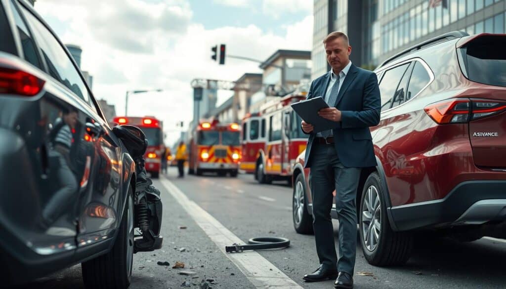 A detailed scene depicting a car accident involving two vehicles in an urban setting, focusing on the aftermath of the collision. In the foreground, show a damaged sedan and an SUV, with visible dents and debris around them. Include a calm, collected insurance adjuster in professional attire inspecting the vehicles, taking notes on a clipboard. In the middle ground, portray emergency services with flashing lights and a fire truck, creating a sense of urgency. The background should feature a bustling city street with onlookers, and a partially cloudy sky casting diffused natural light over the scene. The mood is serious yet professional, highlighting the need for assessment and resolution. Capture the situation from a slightly elevated angle to provide a clear view of the incident and the responding personnel.