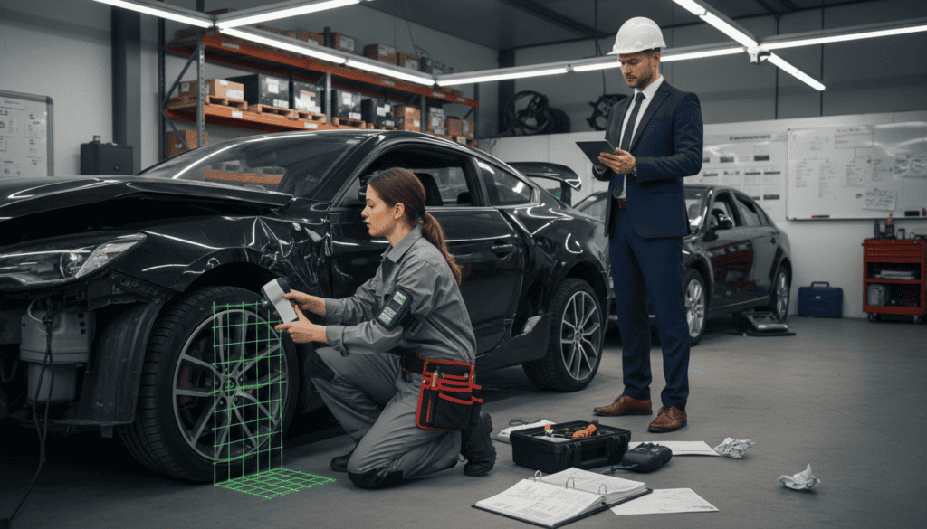 A detailed scene depicting a technical expert analyzing a vehicle after an accident, highlighting their expertise in contrast to an insurance adjuster assessing the damage. In the foreground, the expert, wearing professional attire, examines the vehicle's structural integrity using advanced tools and documents. In the middle ground, the adjuster, also in professional business attire, calculates costs and inspects the damage with a tablet in hand. The background features a garage environment with tools, a damaged vehicle, and paperwork scattered around, symbolizing complexity. The lighting is bright and focused, casting clear shadows to emphasize the serious tone of the assessment. A sense of tension and professionalism is present, illustrating the battle between technical analysis and insurance valuation. A detailed scene depicting a technical expert analyzing a vehicle after an accident, highlighting their expertise in contrast to an insurance adjuster assessing the damage. In the foreground, the expert, wearing professional attire, examines the vehicle's structural integrity using advanced tools and documents. In the middle ground, the adjuster, also in professional business attire, calculates costs and inspects the damage with a tablet in hand. The background features a garage environment with tools, a damaged vehicle, and paperwork scattered around, symbolizing complexity. The lighting is bright and focused, casting clear shadows to emphasize the serious tone of the assessment. A sense of tension and professionalism is present, illustrating the battle between technical analysis and insurance valuation.