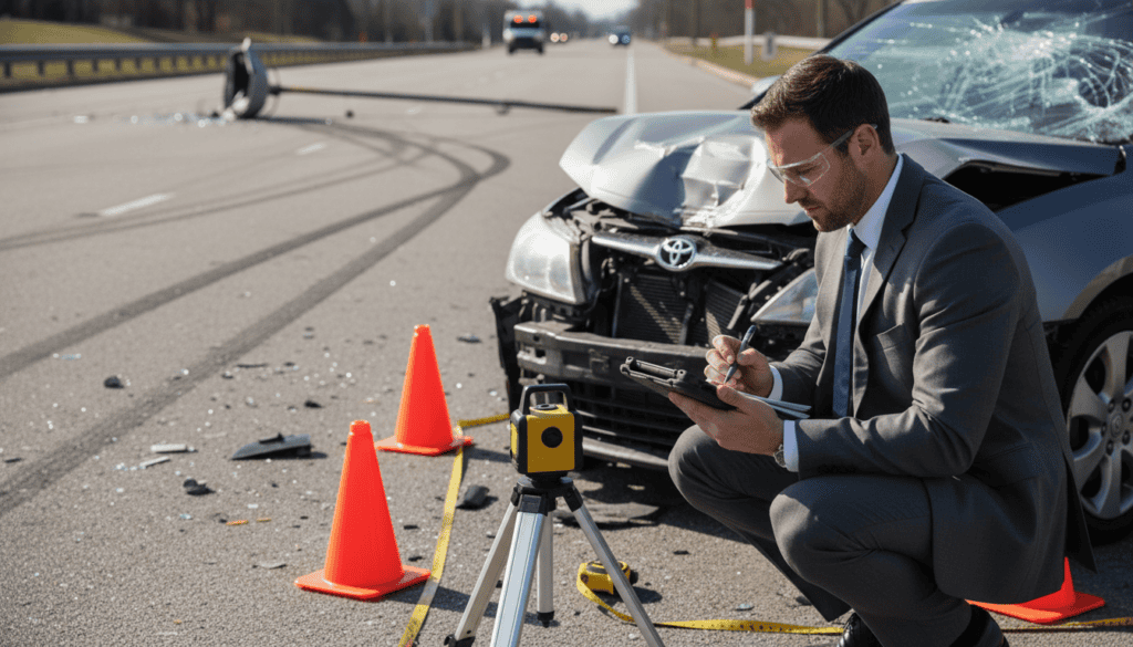 A detailed scene depicting the analysis of damages in a car accident. In the foreground, a professional investigator in business attire examines a damaged vehicle, taking notes and using a digital tablet. In the middle ground, there are multiple traffic cones and measuring tools, indicating an ongoing assessment. The background features a road with subtle signs of an accident, such as skid marks and debris. The scene is illuminated by natural daylight, creating a clear view with vivid details. The atmosphere is serious and focused, highlighting the importance of thorough technical expertise during assessments. The composition is shot from a low angle, emphasizing the investigator's analytical approach and commitment to accuracy, with a soft focus on the background to enhance the main subject.