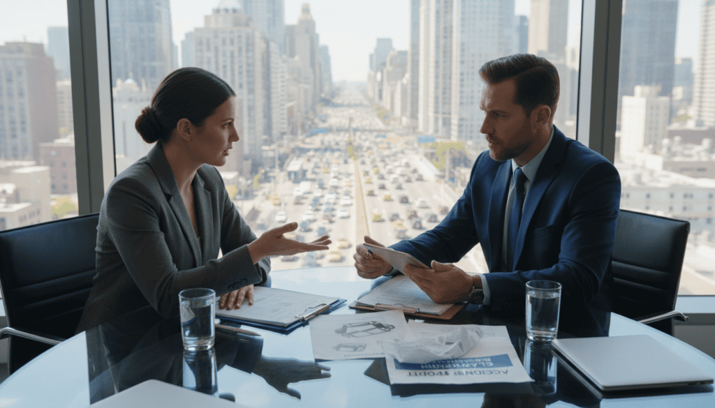 A detailed scene illustrating the concept of "claims after a car accident" in a negotiation context. In the foreground, a professional in business attire is engaged in a focused discussion with a representative from an insurance company, both seated at a sleek conference table. The middle layer showcases documents and accident reports spread across the table, emphasizing legal and financial elements. In the background, a large window reveals a busy cityscape, casting natural light onto the scene. The atmosphere is tense yet professional, suggesting the serious nature of negotiations. The lighting is bright and clear, highlighting the focused expressions of the individuals. The angle is a slightly elevated view, capturing both the participants and the documents effectively. A detailed scene illustrating the concept of "claims after a car accident" in a negotiation context. In the foreground, a professional in business attire is engaged in a focused discussion with a representative from an insurance company, both seated at a sleek conference table. The middle layer showcases documents and accident reports spread across the table, emphasizing legal and financial elements. In the background, a large window reveals a busy cityscape, casting natural light onto the scene. The atmosphere is tense yet professional, suggesting the serious nature of negotiations. The lighting is bright and clear, highlighting the focused expressions of the individuals. The angle is a slightly elevated view, capturing both the participants and the documents effectively.