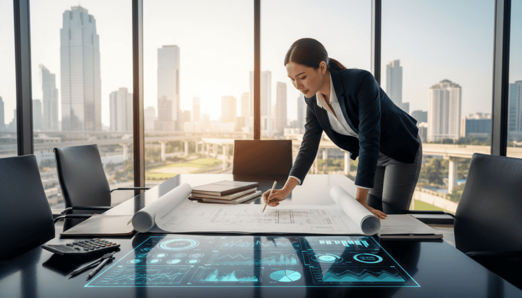 A detailed technical analysis scene, featuring a confident female engineer in professional attire, examining a set of blueprints and technical documents on a sleek conference table. In the foreground, tools like a calculator and measuring instruments are scattered around, representing precision and careful calculation. The middle ground showcases a large digital screen displaying complicated graphs and charts related to technical expertise. The background includes a glass wall revealing a modern cityscape, symbolizing innovation. Soft, natural lighting illuminates the space, creating an optimistic and professional atmosphere. The angle is slightly above eye level, providing a comprehensive view of the analysis process, capturing the essence of interpreting technical expertise results in a formal context. A detailed technical analysis scene, featuring a confident female engineer in professional attire, examining a set of blueprints and technical documents on a sleek conference table. In the foreground, tools like a calculator and measuring instruments are scattered around, representing precision and careful calculation. The middle ground showcases a large digital screen displaying complicated graphs and charts related to technical expertise. The background includes a glass wall revealing a modern cityscape, symbolizing innovation. Soft, natural lighting illuminates the space, creating an optimistic and professional atmosphere. The angle is slightly above eye level, providing a comprehensive view of the analysis process, capturing the essence of interpreting technical expertise results in a formal context.