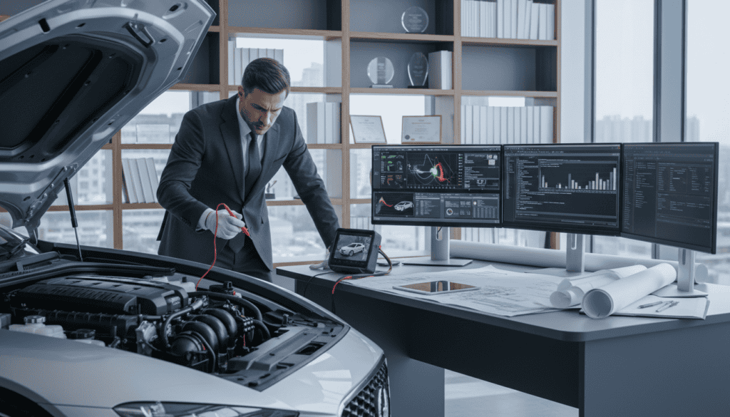 A detailed technical analysis scene showcasing a professional engineer examining a vehicle. In the foreground, a focused engineer in business attire is scrutinizing a mechanical component with specialized tools. The middle ground features a well-lit workspace with a blueprints spread out, technical drawings, and digital displays showing data analytics. In the background, an office with shelves of technical manuals and industry awards reflects a sense of credibility and expertise. Bright, natural lighting streams through large windows, creating a productive atmosphere filled with focus and precision. The overall mood is serious and analytical, emphasizing attention to detail and expert assessment in automotive engineering. A detailed technical analysis scene showcasing a professional engineer examining a vehicle. In the foreground, a focused engineer in business attire is scrutinizing a mechanical component with specialized tools. The middle ground features a well-lit workspace with a blueprints spread out, technical drawings, and digital displays showing data analytics. In the background, an office with shelves of technical manuals and industry awards reflects a sense of credibility and expertise. Bright, natural lighting streams through large windows, creating a productive atmosphere filled with focus and precision. The overall mood is serious and analytical, emphasizing attention to detail and expert assessment in automotive engineering.
