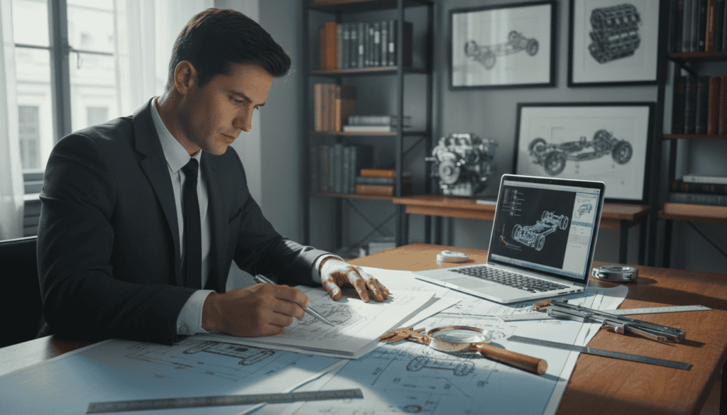 A detailed technical documentation scene, showcasing a workspace filled with blueprints, diagrams, and engineering plans related to automobile inspections. In the foreground, a professional in a business suit is carefully examining a detailed technical report with a pen in hand, reflecting concentration and expertise. The middle ground features a cluttered desk with technical tools like calipers, magnifying glasses, and measuring devices, alongside a laptop displaying CAD software. The background displays shelves filled with reference books and framed technical illustrations. Soft, diffused lighting illuminates the scene, casting gentle shadows, creating a serious yet focused atmosphere. The perspective is slightly angled to capture the depth of the workspace while maintaining clarity and order in the composition. The overall mood should convey professionalism and diligence in technical analysis. A detailed technical documentation scene, showcasing a workspace filled with blueprints, diagrams, and engineering plans related to automobile inspections. In the foreground, a professional in a business suit is carefully examining a detailed technical report with a pen in hand, reflecting concentration and expertise. The middle ground features a cluttered desk with technical tools like calipers, magnifying glasses, and measuring devices, alongside a laptop displaying CAD software. The background displays shelves filled with reference books and framed technical illustrations. Soft, diffused lighting illuminates the scene, casting gentle shadows, creating a serious yet focused atmosphere. The perspective is slightly angled to capture the depth of the workspace while maintaining clarity and order in the composition. The overall mood should convey professionalism and diligence in technical analysis.