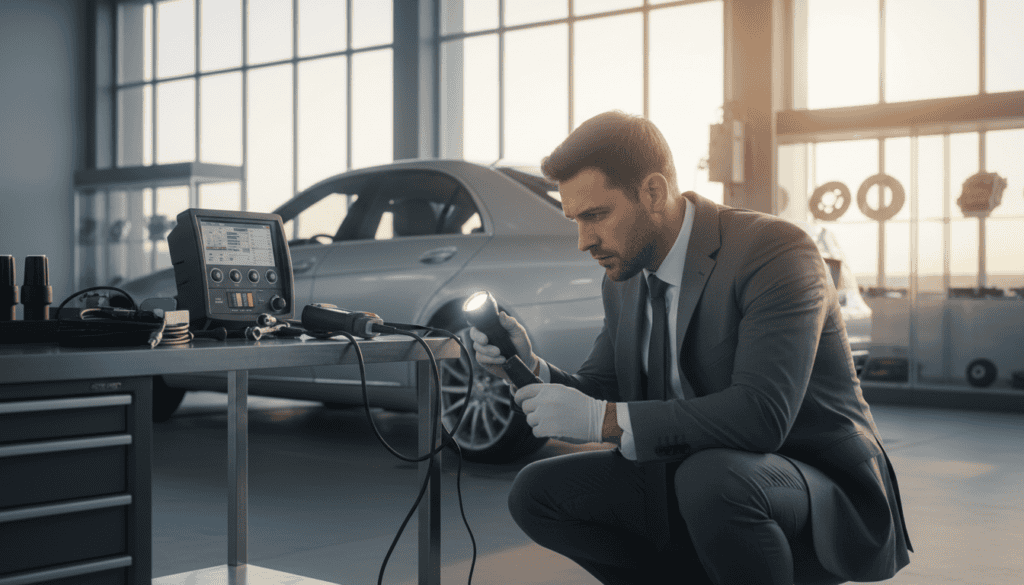 A detailed technical vehicle inspection scene in a well-lit garage. In the foreground, a professional in a smart business suit is examining a car's undercarriage using a flashlight, showcasing meticulous attention to detail. The middle layer features various automotive diagnostic tools organized neatly on a workbench, emphasizing a systematic approach to vehicle assessment. In the background, large windows allow natural light to filter in, illuminating the setting, while showcases of vehicle parts are visible on the walls, creating an atmosphere of professionalism and expertise. The overall mood is serious and focused, reflecting the importance of vehicle evaluations for insurance assessments. Composition shot at eye level, with a shallow depth of field to highlight the inspector and tools. A detailed technical vehicle inspection scene in a well-lit garage. In the foreground, a professional in a smart business suit is examining a car's undercarriage using a flashlight, showcasing meticulous attention to detail. The middle layer features various automotive diagnostic tools organized neatly on a workbench, emphasizing a systematic approach to vehicle assessment. In the background, large windows allow natural light to filter in, illuminating the setting, while showcases of vehicle parts are visible on the walls, creating an atmosphere of professionalism and expertise. The overall mood is serious and focused, reflecting the importance of vehicle evaluations for insurance assessments. Composition shot at eye level, with a shallow depth of field to highlight the inspector and tools.