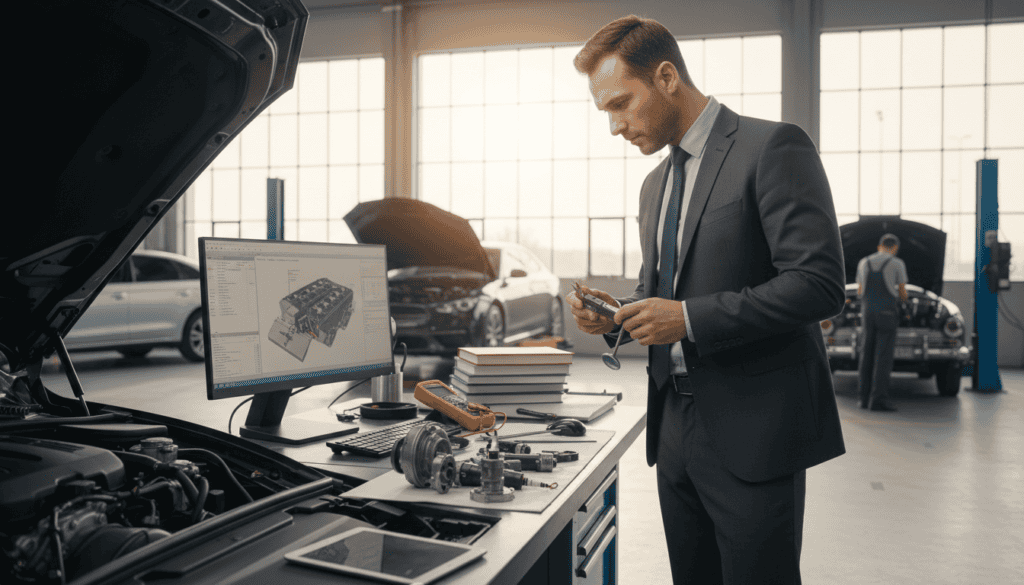 A detailed vehicle technical expertise scene, showcasing a knowledgeable mechanic or technical expert in a workshop environment. The foreground features a focused professional, dressed in smart business attire, examining an automobile with tools in hand, analyzing its components. In the middle, a well-equipped workstation is visible, with diagnostic instruments, a computer displaying technical data, and vehicle parts laid out neatly. The background shows other vehicles in various states of examination under bright, natural lighting streaming through large windows, creating a productive atmosphere. The angle is slightly elevated, capturing the expert's intent expression and the intricate details of the vehicle, while conveying a sense of professionalism and diligence in technical assessment.