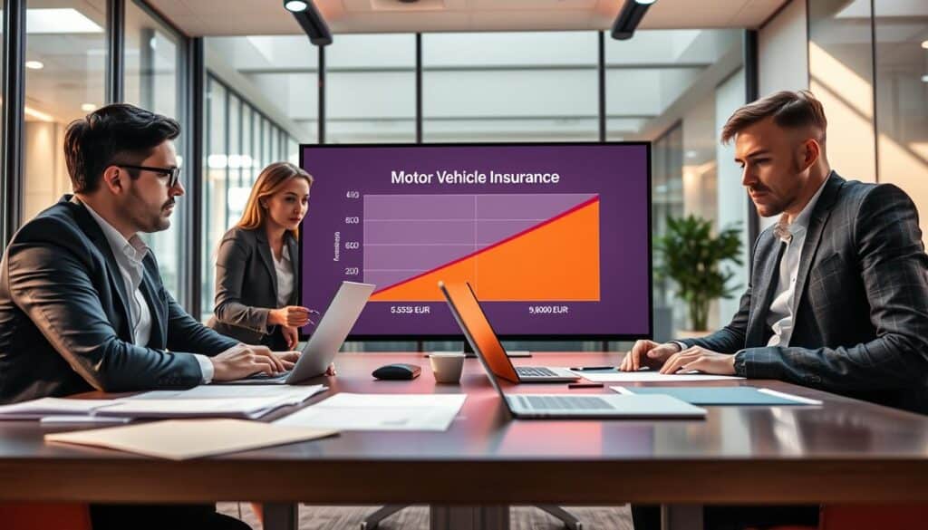 A dynamic and professional scene illustrating "motor vehicle insurance" in a conference room. In the foreground, a diverse group of three well-dressed professionals—two men and one woman—are engaged in a discussion around a large table covered with documents and a laptop. The middle ground features a digital screen displaying a graph comparing insurance quotes, emphasizing the difference between 5,555 EUR and 9,800 EUR. The background includes a modern office space with large windows allowing natural light to flow in, casting soft shadows. The atmosphere is serious yet collaborative, evoking a sense of analysis and strategic decision-making. The angle is slightly elevated, capturing both the participants and the digital presentation clearly, with warm, inviting lighting enhancing the professional setting.