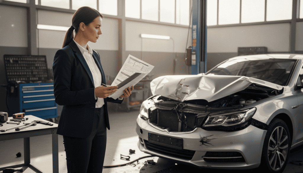 A dynamic scene depicting a technical analysis of automotive damage, focusing on a professional engineer examining a damaged vehicle in a well-lit garage. In the foreground, the engineer, dressed in a smart business attire, is holding a detailed report, with technical diagrams and data visible. In the middle ground, the vehicle displays significant wear and visible impact damage, showcasing scratches and bent metal. The background features tools and equipment neatly arranged, adding to the atmosphere of a structured workspace. Soft, natural lighting from overhead skylights creates a focused yet warm atmosphere, highlighting the nuances of the engineering process. The overall mood conveys professionalism, precision, and expertise in the field of automotive analysis. A dynamic scene depicting a technical analysis of automotive damage, focusing on a professional engineer examining a damaged vehicle in a well-lit garage. In the foreground, the engineer, dressed in a smart business attire, is holding a detailed report, with technical diagrams and data visible. In the middle ground, the vehicle displays significant wear and visible impact damage, showcasing scratches and bent metal. The background features tools and equipment neatly arranged, adding to the atmosphere of a structured workspace. Soft, natural lighting from overhead skylights creates a focused yet warm atmosphere, highlighting the nuances of the engineering process. The overall mood conveys professionalism, precision, and expertise in the field of automotive analysis.