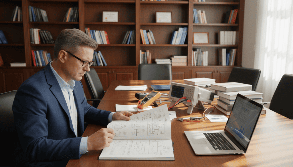 A focused and professional scene of a technical expert conducting an engineering assessment in a well-lit office environment. In the foreground, a middle-aged engineer in smart business attire is inspecting a complex technical document with sketches and diagrams, wearing reading glasses. In the middle, a large table is filled with various measuring instruments, a laptop displaying analytical software, and scattered technical manuals. The background features shelves filled with engineering books and framed certifications, with a window that allows natural light to pour in, casting soft shadows. The atmosphere is serious and analytical, emphasizing the diligence and attention to detail essential in a technical expertise evaluation. The lighting is bright but warm, creating an inviting yet professional atmosphere. A focused and professional scene of a technical expert conducting an engineering assessment in a well-lit office environment. In the foreground, a middle-aged engineer in smart business attire is inspecting a complex technical document with sketches and diagrams, wearing reading glasses. In the middle, a large table is filled with various measuring instruments, a laptop displaying analytical software, and scattered technical manuals. The background features shelves filled with engineering books and framed certifications, with a window that allows natural light to pour in, casting soft shadows. The atmosphere is serious and analytical, emphasizing the diligence and attention to detail essential in a technical expertise evaluation. The lighting is bright but warm, creating an inviting yet professional atmosphere.