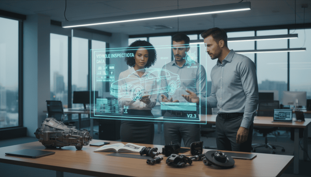 A modern office interior showcasing a technical vehicle evaluation environment. In the foreground, a diverse team of professionals—two men and one woman—are engaged in a discussion around a sophisticated digital screen displaying vehicle inspection data and standard guidelines. In the middle background, a sleek table holds various automotive parts and technical manuals, symbolizing expertise and thorough analysis. The lighting is bright, emanating from overhead fixtures, creating a focused, collaborative atmosphere. The angle is slightly elevated, providing a panoramic view of the workspace. The mood conveys professionalism, expertise, and diligence in the technical assessment process, highlighting the importance of established standards in vehicle evaluation. A modern office interior showcasing a technical vehicle evaluation environment. In the foreground, a diverse team of professionals—two men and one woman—are engaged in a discussion around a sophisticated digital screen displaying vehicle inspection data and standard guidelines. In the middle background, a sleek table holds various automotive parts and technical manuals, symbolizing expertise and thorough analysis. The lighting is bright, emanating from overhead fixtures, creating a focused, collaborative atmosphere. The angle is slightly elevated, providing a panoramic view of the workspace. The mood conveys professionalism, expertise, and diligence in the technical assessment process, highlighting the importance of established standards in vehicle evaluation.