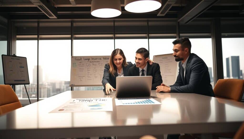 A modern office setting with a sleek conference table at the forefront, where a diverse group of three professionals, one woman and two men, are engaged in an animated discussion over a laptop. The woman, dressed in a smart blazer, points to the screen as charts and graphs illustrate the differences in insurance valuations. In the background, a large window reveals a cityscape bathed in soft, natural light, enhancing the professional atmosphere. The middle ground includes a whiteboard with diagrams and notes reflecting customer opinions and insights. The image captures a collaborative spirit, with bright overhead lighting illuminating their focused expressions, emphasizing seriousness and expertise in client opinions and service comparison. A modern office setting with a sleek conference table at the forefront, where a diverse group of three professionals, one woman and two men, are engaged in an animated discussion over a laptop. The woman, dressed in a smart blazer, points to the screen as charts and graphs illustrate the differences in insurance valuations. In the background, a large window reveals a cityscape bathed in soft, natural light, enhancing the professional atmosphere. The middle ground includes a whiteboard with diagrams and notes reflecting customer opinions and insights. The image captures a collaborative spirit, with bright overhead lighting illuminating their focused expressions, emphasizing seriousness and expertise in client opinions and service comparison.