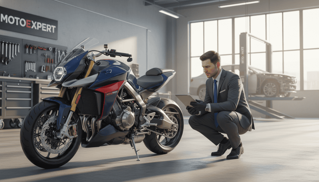 A modern, sleek motorcycle in the foreground, showcasing its polished chrome and vibrant colors. The bike is positioned at a slight angle to highlight its aerodynamic design, with attention to detail on the wheels and handlebars. In the middle ground, a professional MOTOEXPERT technician in business attire is examining the motorcycle, focused and engaged, using a tablet to analyze performance metrics. The background features a well-lit, high-tech workshop with tools and equipment neatly organized, conveying a sense of professionalism. Natural light streams in through large windows, creating a warm yet dynamic atmosphere. The image should evoke a sense of expertise and quality, capturing the dedication to enhancing technical evaluations in the automotive field.