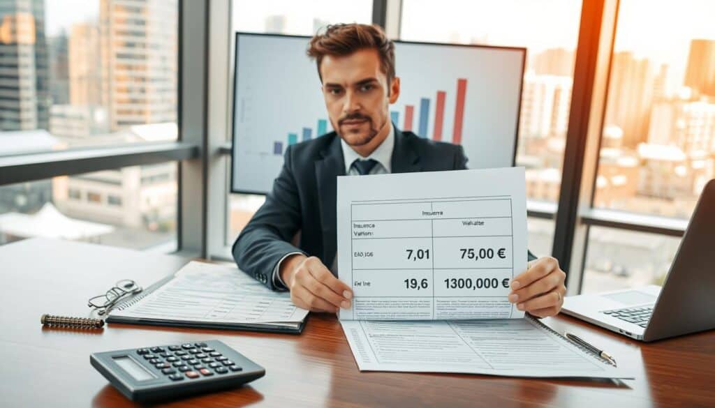 A professional accountant sitting at a modern office desk, analyzing two insurance claim documents meticulously laid out before him, one marked with "7,100 EUR" and the other with "13,500 EUR." In the foreground, a calculator and a notepad with calculations are visible. The middle ground features a sleek computer screen displaying a graph comparing insurance valuations. In the background, large windows let in warm, natural light, hinting at a bustling cityscape outside. The mood is focused and serious, reflecting the weight of financial decisions. The accountant, dressed in smart business attire, embodies diligence and professionalism, casting a thoughtful look at the paperwork.