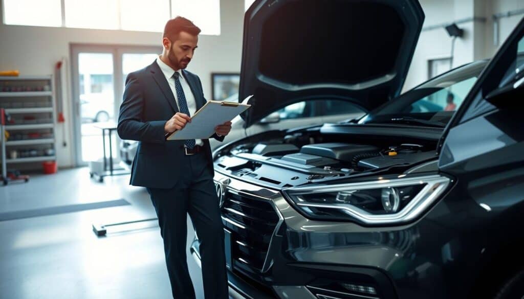 A professional and detailed image depicting a vehicle appraisal scene. In the foreground, a business professional in a smart suit examines a modern car, holding a clipboard with inspection notes. The middle ground features an open hood revealing the engine, while the background showcases a sleek automotive workshop with tools and a large window allowing natural light to flood in. Soft industrial lighting highlights the vehicle, creating a clear focus on the appraisal process. The atmosphere is serious and analytical, reflecting the importance of accurate vehicle valuation. The composition captures the critical moment of assessment, symbolizing potential pitfalls and risks in vehicle pricing decisions.