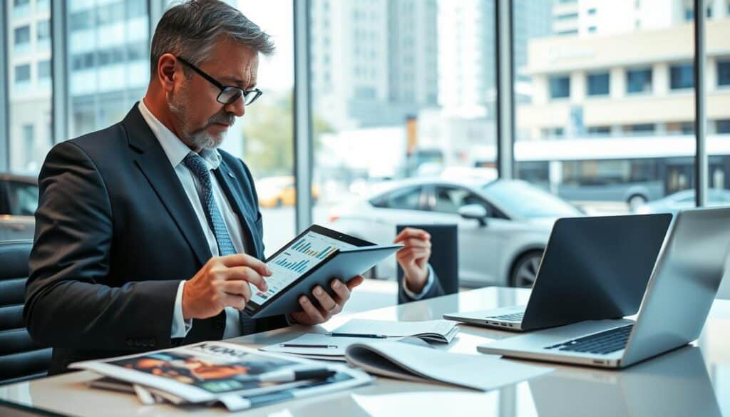 A professional automotive appraiser, depicted in a sleek office environment, is analyzing vehicle valuation reports. The foreground features the appraiser, a middle-aged individual in a smart business suit, intently reviewing a digital tablet displaying charts and figures. In the middle background, a modern desk is cluttered with automotive magazines and a laptop. The background showcases a large window with a view of a bustling city street, hinting at the fast-paced world of insurance and appraisals. The lighting is bright and natural, illuminating the workspace and creating a focused, analytical atmosphere. The overall mood is serious and professional, conveying expertise and attention to detail in vehicle valuation. A professional automotive appraiser, depicted in a sleek office environment, is analyzing vehicle valuation reports. The foreground features the appraiser, a middle-aged individual in a smart business suit, intently reviewing a digital tablet displaying charts and figures. In the middle background, a modern desk is cluttered with automotive magazines and a laptop. The background showcases a large window with a view of a bustling city street, hinting at the fast-paced world of insurance and appraisals. The lighting is bright and natural, illuminating the workspace and creating a focused, analytical atmosphere. The overall mood is serious and professional, conveying expertise and attention to detail in vehicle valuation.