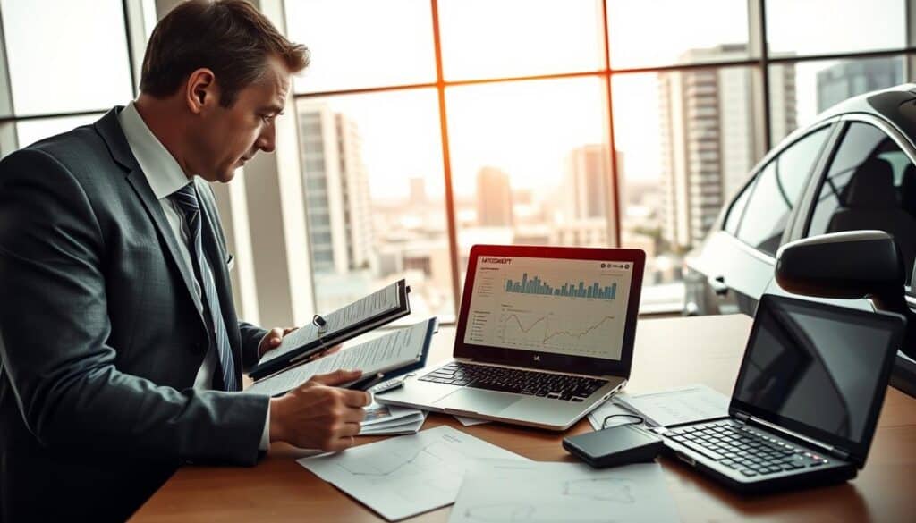 A professional automotive appraiser from MOTOEXPERT, dressed in smart business attire, is examining a vehicle in an office environment. In the foreground, he is leaning slightly over a sleek car, taking detailed notes on a clipboard. The middle ground features a large desk scattered with technical documents related to vehicle valuation, a laptop displaying graphs, and a calculator, indicating a thorough analysis. In the background, large windows pour natural light into the room, revealing a modern cityscape with office buildings. The atmosphere is serious and focused, highlighting professionalism and expertise in automotive appraisal. The image is well-lit with a soft focus, capturing the essence of a high-stakes evaluation moment.