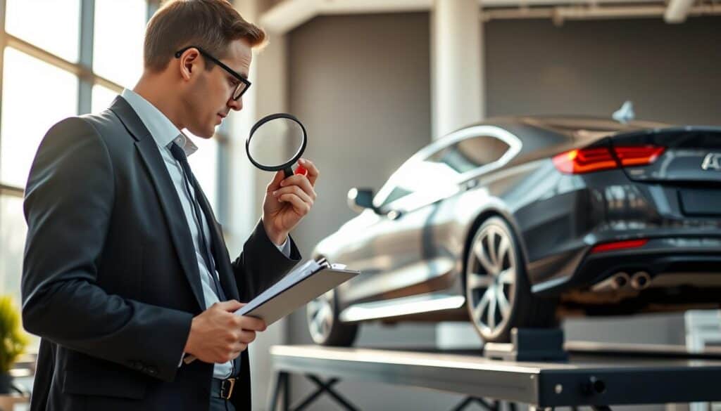 A professional automotive expert, dressed in a business suit, stands in the foreground, analyzing a car on a raised platform. He is focused on inspecting the vehicle's condition with a magnifying glass in one hand and a clipboard in the other. In the middle ground, the car is a sleek sedan, showcasing its flawless exterior under bright, natural light that enhances its curves. The background features a modern office environment with a large window, allowing soft sunlight to filter in, creating an open and airy atmosphere. The mood is one of diligence and expertise, emphasizing trust and professionalism in automotive appraisal. The image captures a moment of careful evaluation, bringing to life the importance of accurate car valuation in the insurance industry.