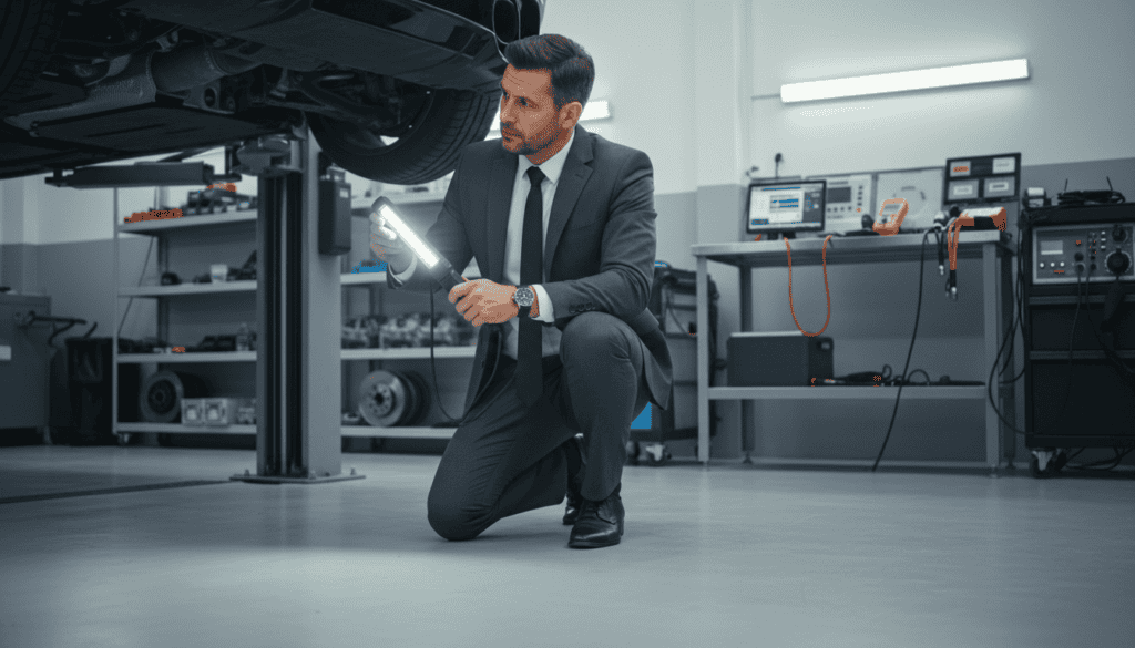 A professional automotive expert, dressed in a smart business suit, is examining a car in a well-lit workshop. In the foreground, focus on the expert inspecting the vehicle's undercarriage using a portable inspection lamp. The expert's concentrated expression conveys diligence and expertise. In the middle ground, several diagnostic tools are scattered on a workbench, illustrating the technical aspect of the evaluation. The background features car parts and diagnostic equipment on shelves, emphasizing the technical environment. Soft, clear lighting enhances the mood of professionalism and precision, while a slight depth of field pulls attention to the expert's actions. Capture the scene from a slightly elevated angle, providing a comprehensive view of the expert's evaluation process. A professional automotive expert, dressed in a smart business suit, is examining a car in a well-lit workshop. In the foreground, focus on the expert inspecting the vehicle's undercarriage using a portable inspection lamp. The expert's concentrated expression conveys diligence and expertise. In the middle ground, several diagnostic tools are scattered on a workbench, illustrating the technical aspect of the evaluation. The background features car parts and diagnostic equipment on shelves, emphasizing the technical environment. Soft, clear lighting enhances the mood of professionalism and precision, while a slight depth of field pulls attention to the expert's actions. Capture the scene from a slightly elevated angle, providing a comprehensive view of the expert's evaluation process.