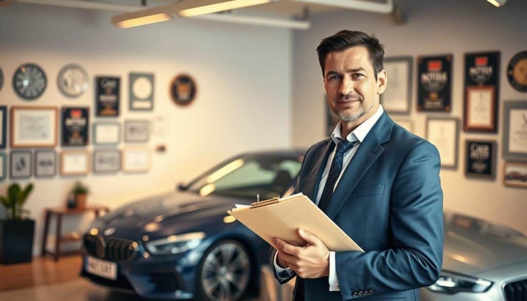 A professional automotive expert, resembling a middle-aged male with short dark hair, dressed in a tailored navy suit and a crisp white shirt, stands confidently in the foreground of the image, holding a clipboard and pen while assessing a car. In the middle ground, a sleek, modern car is displayed in pristine condition, highlighting its design and details. The background features a softly lit office environment with walls decorated with automotive awards and certificates, creating an air of expertise and professionalism. The lighting is bright but warm, accentuating the expert's focused expression while casting gentle shadows. The atmosphere conveys a sense of authority and trust, emphasizing the reliability of MOTOEXPERT in vehicle valuation. A professional automotive expert, resembling a middle-aged male with short dark hair, dressed in a tailored navy suit and a crisp white shirt, stands confidently in the foreground of the image, holding a clipboard and pen while assessing a car. In the middle ground, a sleek, modern car is displayed in pristine condition, highlighting its design and details. The background features a softly lit office environment with walls decorated with automotive awards and certificates, creating an air of expertise and professionalism. The lighting is bright but warm, accentuating the expert's focused expression while casting gentle shadows. The atmosphere conveys a sense of authority and trust, emphasizing the reliability of MOTOEXPERT in vehicle valuation.