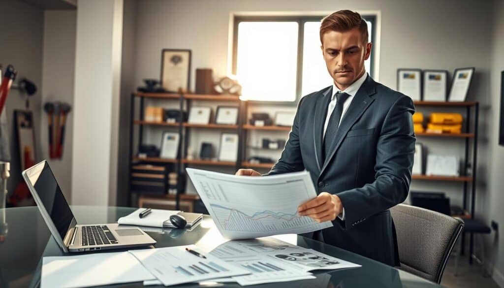 A professional automotive expert, the "rzeczoznawca MOTOEXPERT," stands confidently in a modern office setting, examining a detailed vehicle inspection report. In the foreground, a refined desk is cluttered with technical documents, a laptop displaying graphs, and automotive schematics. The expert, dressed in a smart business suit, is focused and analytical, representing trust and authority. In the middle ground, shelves lined with automotive tools and certificates showcase expertise. The background features a large window with sunlight streaming in, casting soft shadows and creating a warm, inviting atmosphere. The lighting is bright yet soft, highlighting the expert’s serious expression while ensuring a professional ambiance. The image conveys diligence and expertise in the insurance evaluation process. A professional automotive expert, the "rzeczoznawca MOTOEXPERT," stands confidently in a modern office setting, examining a detailed vehicle inspection report. In the foreground, a refined desk is cluttered with technical documents, a laptop displaying graphs, and automotive schematics. The expert, dressed in a smart business suit, is focused and analytical, representing trust and authority. In the middle ground, shelves lined with automotive tools and certificates showcase expertise. The background features a large window with sunlight streaming in, casting soft shadows and creating a warm, inviting atmosphere. The lighting is bright yet soft, highlighting the expert’s serious expression while ensuring a professional ambiance. The image conveys diligence and expertise in the insurance evaluation process.