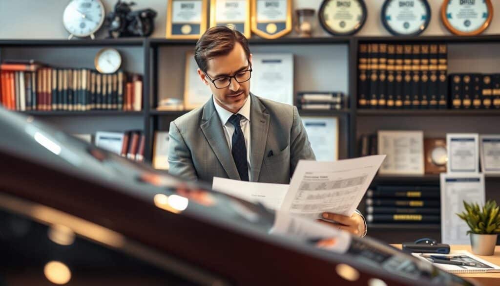 A professional automotive expert, wearing a tailored suit and glasses, is focused on inspecting a car in a well-lit office environment. The foreground features a detailed view of the car, highlighting its condition, with tools and charts on the desk nearby. In the middle ground, the expert is examining documents related to vehicle appraisal, showcasing his expertise in vehicle valuation. The background reveals shelves filled with automotive reference books and certification awards, creating a scholarly atmosphere. The warm lighting enhances the feel of professionalism and trustworthiness, while a slight focus blur on the background emphasizes the expert’s role in the valuation process. A professional automotive expert, wearing a tailored suit and glasses, is focused on inspecting a car in a well-lit office environment. The foreground features a detailed view of the car, highlighting its condition, with tools and charts on the desk nearby. In the middle ground, the expert is examining documents related to vehicle appraisal, showcasing his expertise in vehicle valuation. The background reveals shelves filled with automotive reference books and certification awards, creating a scholarly atmosphere. The warm lighting enhances the feel of professionalism and trustworthiness, while a slight focus blur on the background emphasizes the expert’s role in the valuation process.