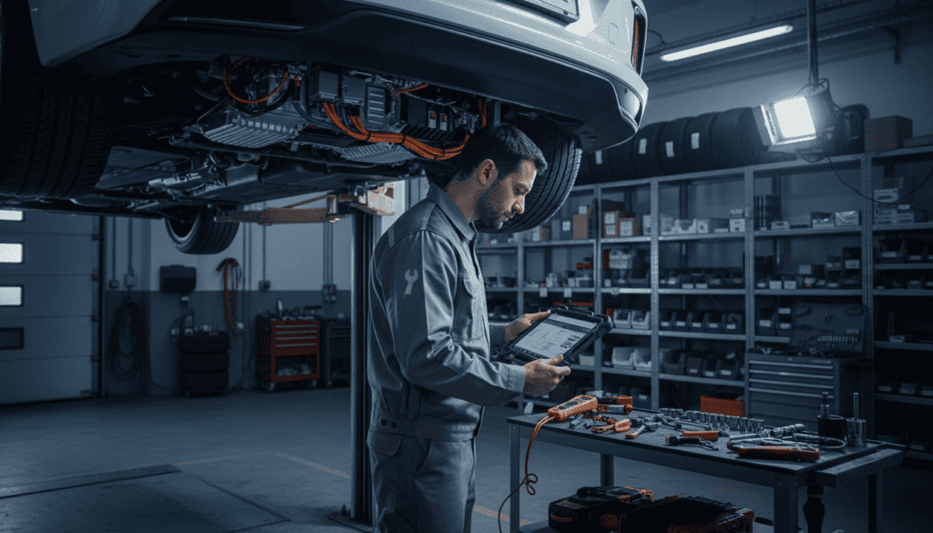 A professional automotive technician in a modern workshop, examining a vehicle with precision tools spread on a workbench. The vehicle, an electric car, is raised on a hydraulic lift, revealing its undercarriage with intricate wiring and components. The technician, wearing a clean uniform, uses a diagnostic tablet to analyze data while focused lights illuminate the scene, creating a high-contrast effect. In the background, shelves filled with tools and parts add to the industrial atmosphere. The environment reflects a sense of expertise and diligence, emphasizing the technical evaluation process. The angle is slightly elevated, showcasing the technician's meticulous work while capturing the essence of a thorough technical examination. A professional automotive technician in a modern workshop, examining a vehicle with precision tools spread on a workbench. The vehicle, an electric car, is raised on a hydraulic lift, revealing its undercarriage with intricate wiring and components. The technician, wearing a clean uniform, uses a diagnostic tablet to analyze data while focused lights illuminate the scene, creating a high-contrast effect. In the background, shelves filled with tools and parts add to the industrial atmosphere. The environment reflects a sense of expertise and diligence, emphasizing the technical evaluation process. The angle is slightly elevated, showcasing the technician's meticulous work while capturing the essence of a thorough technical examination.