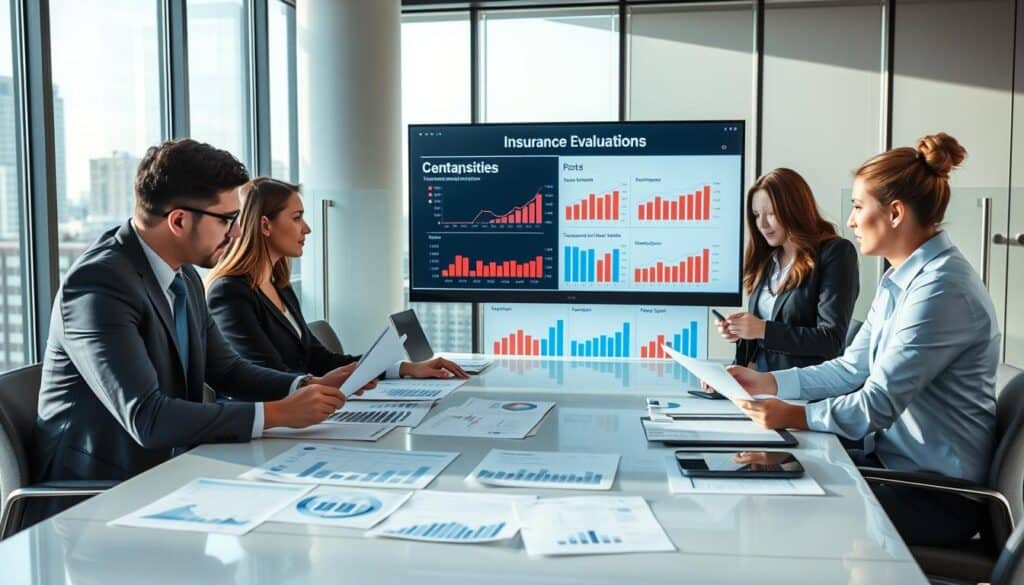 A professional business meeting in a modern office setting, focused on case analysis. Foreground: a diverse group of four professionals, two men and two women, dressed in business attire, studying documents and discussing intently around a sleek conference table filled with charts and graphs about insurance evaluations. Middle: a large digital screen displaying clear visual data comparisons, highlighting different insurance valuations. Background: large windows with city skyline views, soft natural light filtering in, casting gentle shadows across the room. The atmosphere is collaborative and analytical, with a focus on diligence and professionalism, emphasizing teamwork and strategic decision-making. The image should evoke a sense of purposeful examination and insight in the insurance market.