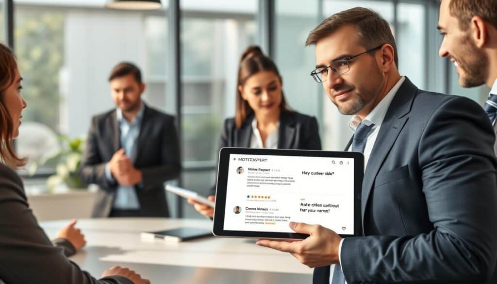 A professional business meeting scene featuring a diverse group of individuals discussing customer opinions about MOTOEXPERT. In the foreground, a confident man in a sleek business suit gestures while presenting a digital tablet displaying positive customer reviews. In the middle ground, a thoughtful woman in modest business attire takes notes, and a third person leans forward, engaging actively. The background showcases a modern conference room with large windows allowing natural light to flood in, creating a bright and welcoming atmosphere. A soft-focus effect on the background adds depth, while the overall mood is collaborative and positive, emphasizing trust and satisfaction with MOTOEXPERT's services. A professional business meeting scene featuring a diverse group of individuals discussing customer opinions about MOTOEXPERT. In the foreground, a confident man in a sleek business suit gestures while presenting a digital tablet displaying positive customer reviews. In the middle ground, a thoughtful woman in modest business attire takes notes, and a third person leans forward, engaging actively. The background showcases a modern conference room with large windows allowing natural light to flood in, creating a bright and welcoming atmosphere. A soft-focus effect on the background adds depth, while the overall mood is collaborative and positive, emphasizing trust and satisfaction with MOTOEXPERT's services.