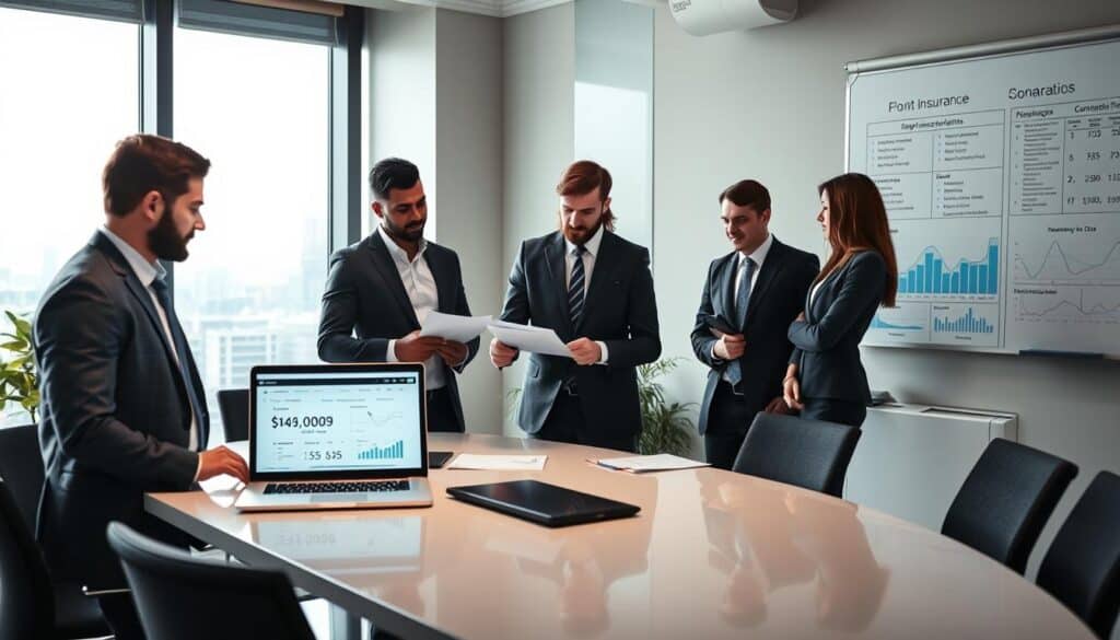 A professional business meeting scene focused on car insurance assessments. In the foreground, a diverse group of three professional individuals in business attire stands around a sleek conference table, with one person reviewing documents and another pointing at a laptop screen displaying insurance figures. In the middle, a large window showcases a cityscape, enhancing the bright atmosphere with soft natural light pouring in. The background includes a modern office design with minimalistic decor and a large whiteboard filled with charts and graphs related to insurance scenarios. The mood is analytical and focused, conveying a sense of teamwork and strategic discussion around car insurance valuation. A professional business meeting scene focused on car insurance assessments. In the foreground, a diverse group of three professional individuals in business attire stands around a sleek conference table, with one person reviewing documents and another pointing at a laptop screen displaying insurance figures. In the middle, a large window showcases a cityscape, enhancing the bright atmosphere with soft natural light pouring in. The background includes a modern office design with minimalistic decor and a large whiteboard filled with charts and graphs related to insurance scenarios. The mood is analytical and focused, conveying a sense of teamwork and strategic discussion around car insurance valuation.