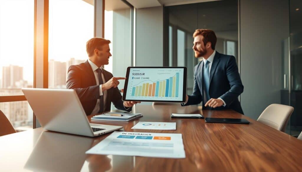 A professional business meeting scene reflecting the comparison of insurance valuations. In the foreground, two business professionals in business attire are engaged in a discussion, with one pointing at a digital tablet displaying two contrasting graphs, labeled with the amounts: "5,555 EUR" and "9,800 EUR." In the middle ground, a sleek conference table covered with documents, a laptop, and an infographic analysis of the pricing comparison. The background features a large window with a modern cityscape view, bringing in natural light and framing the setting. The mood is analytical yet collaborative, with a focus on decision-making and financial assessment. Soft, warm lighting complements the colors of the room, creating an inviting atmosphere.
